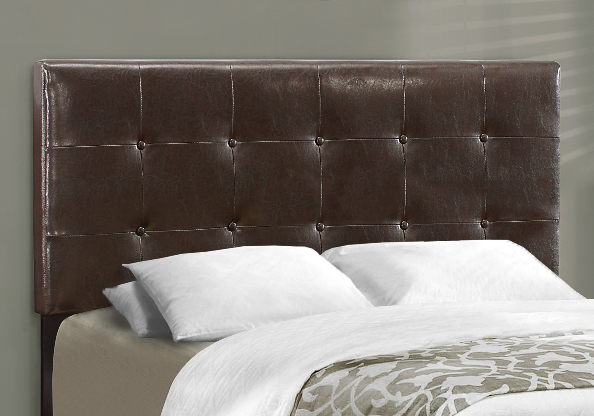 BED - FULL SIZE / DARK BROWN TUFTED LEATHER-LOOK